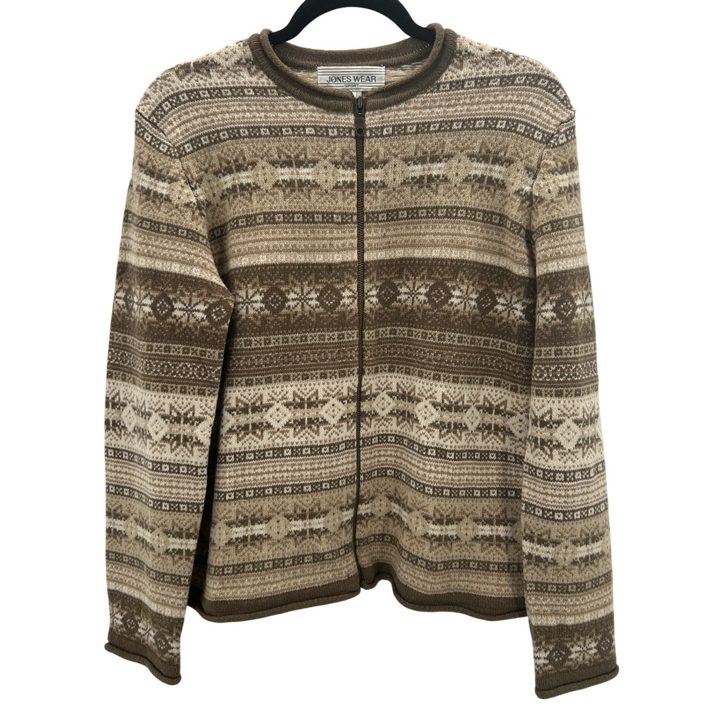 VTG Women's Fair‎ Isle Wool Angora Knit Zip Up Cardigan Sweater Sz Large Grandma